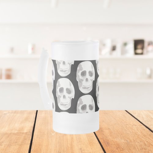 Scary Scull Black  White PatternHappy Halloween Frosted Glass Beer Mug