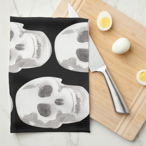 Scary Scull Black  White PatternHappy Halloween Kitchen Towel