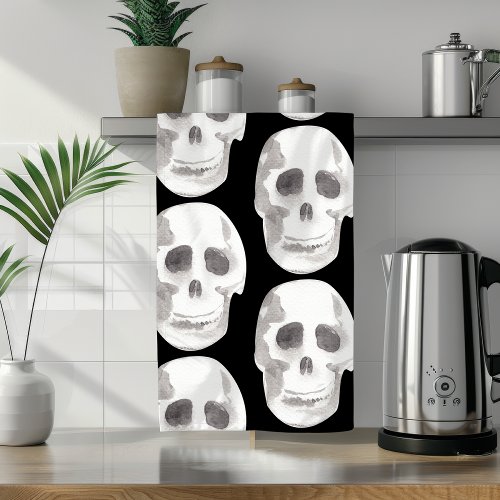 Scary Scull Black  White PatternHappy Halloween Kitchen Towel