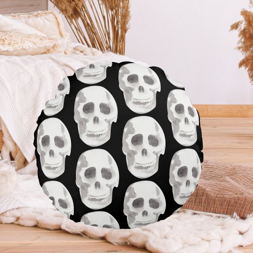 Scary Scull Black  White PatternHappy Halloween Round Pillow