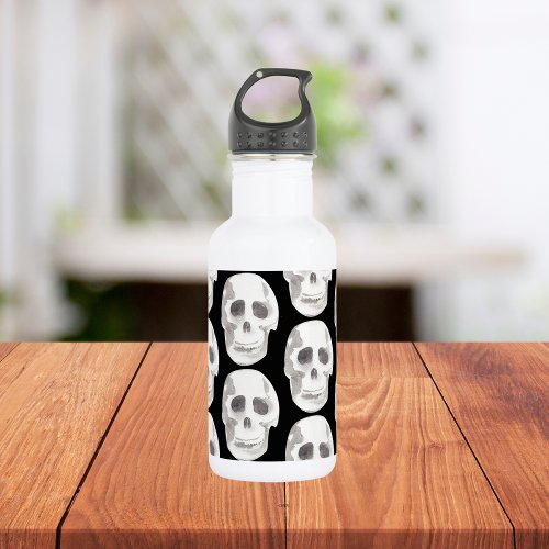 Scary Scull Black  White PatternHappy Halloween Stainless Steel Water Bottle