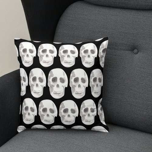 Scary Scull Black  White PatternHappy Halloween Throw Pillow