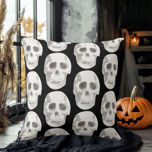 Scary Scull Black  White PatternHappy Halloween Throw Pillow