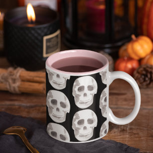 Scary Scull Black & White Pattern Happy Halloween Two-Tone Coffee Mug