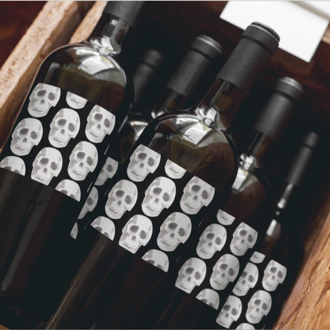 Scary Scull Black & White Pattern|Happy Halloween Wine Label (Creator Uploaded)