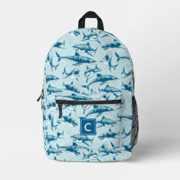 Scary Shark Pattern Aqua Blue Monogram  Printed Backpack