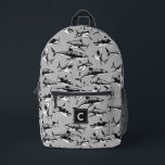 Scary Shark Pattern Black Monogram  Printed Backpack<br><div class="desc">This fun custom backpack features a scary shark pattern in shades of black,  white,  and gray. A monogram initial text template is included - use it to personalize your backpack or remove it,  if you'd prefer no monogram. Makes a great gift and is perfect for back-to-school!</div>