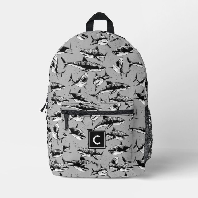 Scary Shark Pattern Black Monogram  Printed Backpack (Front)
