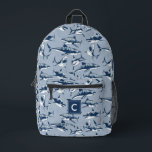 Scary Shark Pattern Blue Monogram  Printed Backpack<br><div class="desc">This fun custom backpack features a scary shark pattern in shades of blue. A monogram initial text template is included - use it to personalize your backpack or remove it,  if you'd prefer no monogram. Makes a great gift and is perfect for back-to-school!</div>