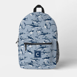 Scary Shark Pattern Blue Monogram  Printed Backpack