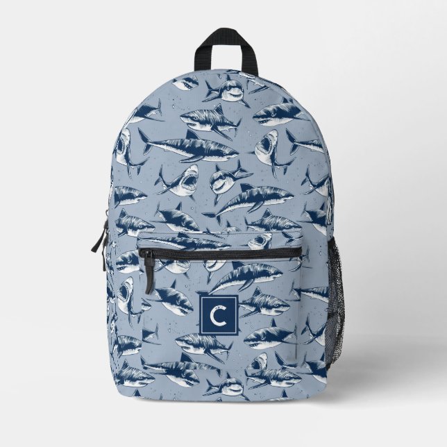 Scary Shark Pattern Blue Monogram  Printed Backpack (Front)