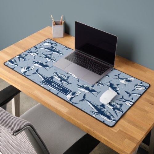 Scary Shark Pattern Kids Name  Blue Desk Mat