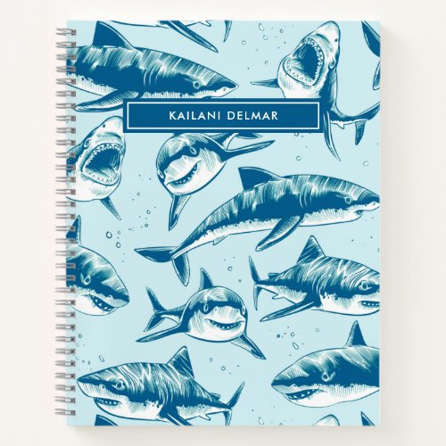 Scary Shark Pattern Name Aqua Kids Notebook