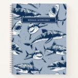 Scary Shark Pattern Name Blue Kids Notebook at Zazzle