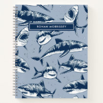 Scary Shark Pattern Name Blue Kids Notebook