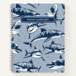 Scary Shark Pattern Name Blue Kids Notebook