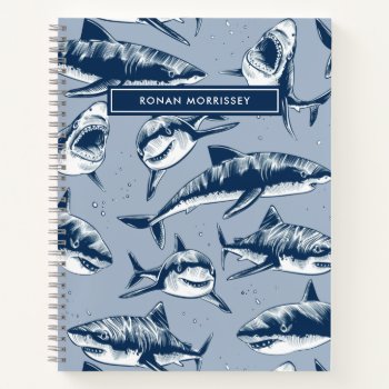 Scary Shark Pattern Name Blue Kids Notebook by Orabella at Zazzle