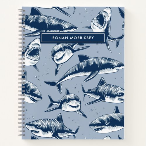 Scary Shark Pattern Name Blue Kids Notebook