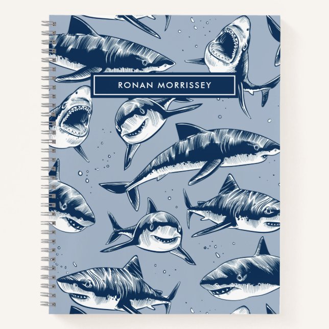 Scary Shark Pattern Name Blue Kids Notebook (Front)