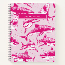 Scary Shark Pattern Name Pink Kids Notebook
