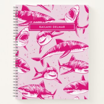 Scary Shark Pattern Name Pink Kids Notebook by Orabella at Zazzle