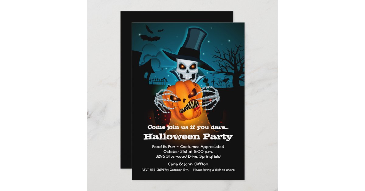 Scary Skeleton and Pumpkin Halloween Invitations | Zazzle