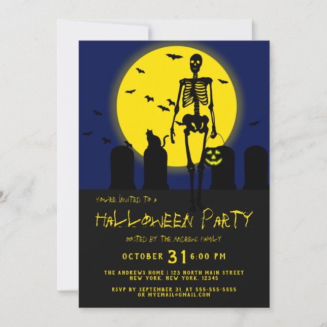 Scary Skeleton Cat Bats Graveyard Scene Halloween Invitation (Front)