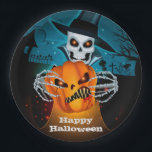 Scary Skeleton Halloween Paper Plates<br><div class="desc">A spooky skeleton in a hop hat holds a scary jack o' lantern on a dark Halloween night on these Halloween party paper plates. MATCHING items in our store.</div>