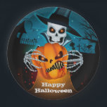 Scary Skeleton Halloween Paper Plates<br><div class="desc">A spooky skeleton in a hop hat holds a scary jack o' lantern on a dark Halloween night on these Halloween party paper plates. MATCHING items in our store.</div>