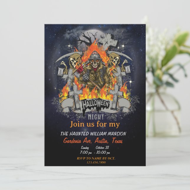 Scary Skeleton In Night Halloween Party  Invitation (Standing Front)