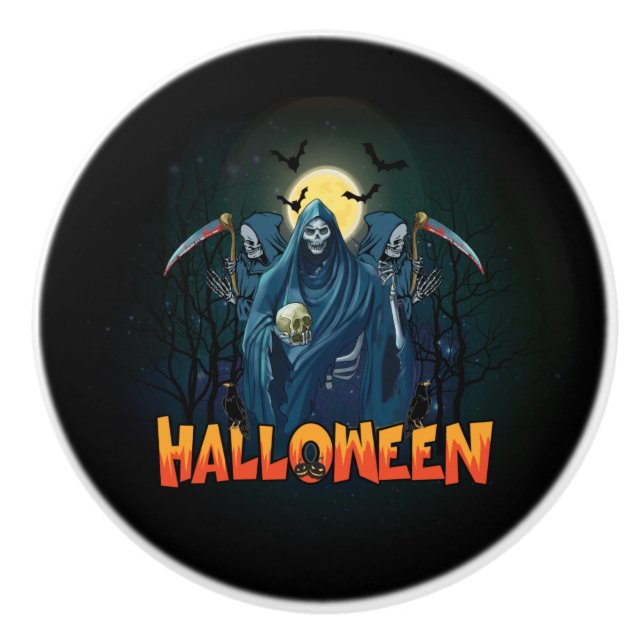 Scary Skeleton Night Halloween, My Halloween Mood. Ceramic Knob (Front)