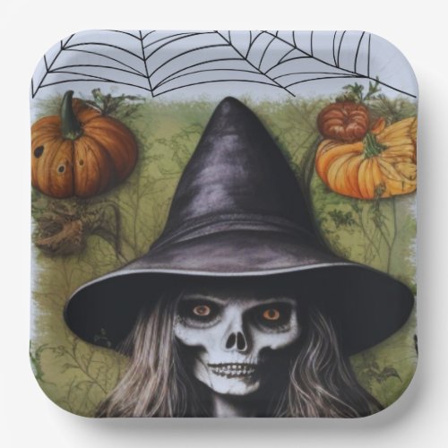 Scary Skeleton Witch for a Creepy Halloween Party Paper Plates