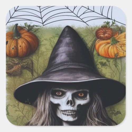 Scary Skeleton Witch for a Creepy Halloween Party Square Sticker