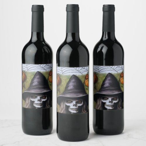 Scary Skeleton Witch for a Creepy Halloween Party Wine Label