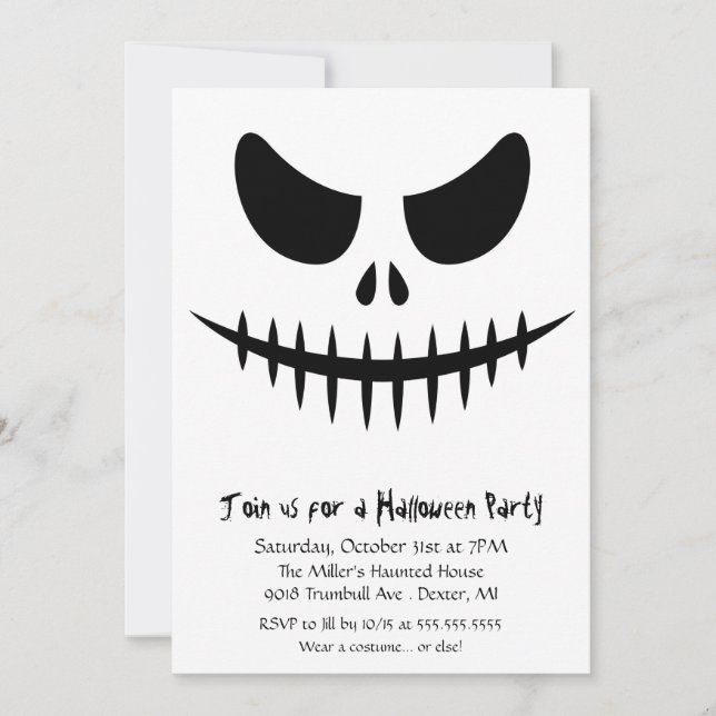 Scary Skeleton zombie Face Halloween Costume Party Invitation (Front)