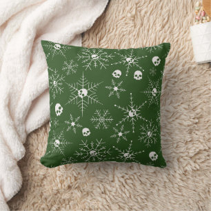 Scary skull Creepmas Christmas Snowflakes green Throw Pillow