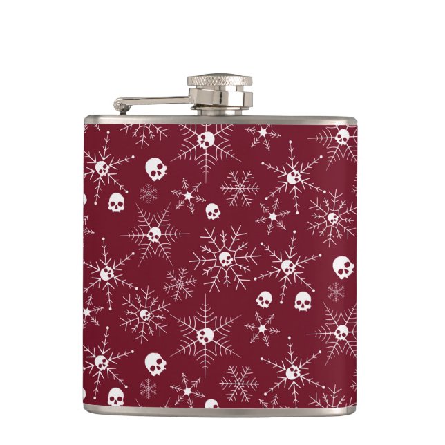 Scary skull Creepmas Christmas Snowflakes red Flask (Front)