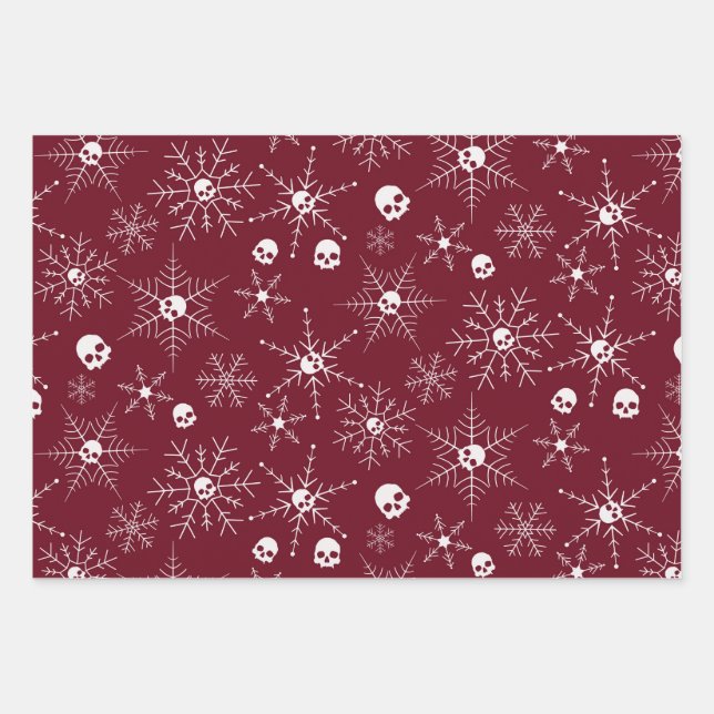 Scary skull Creepmas Christmas Snowflakes red Wrapping Paper Sheets (Front)