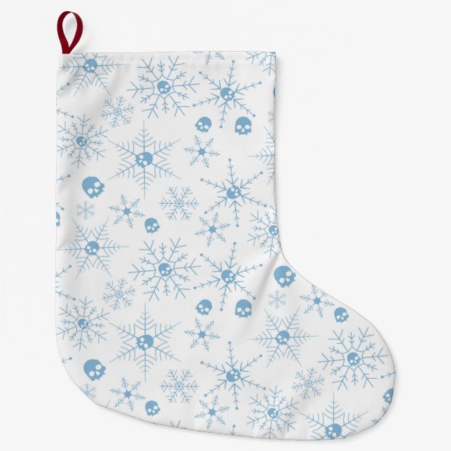 Scary skull Creepmas Christmas Snowflakes white Large Christmas Stocking (Front)