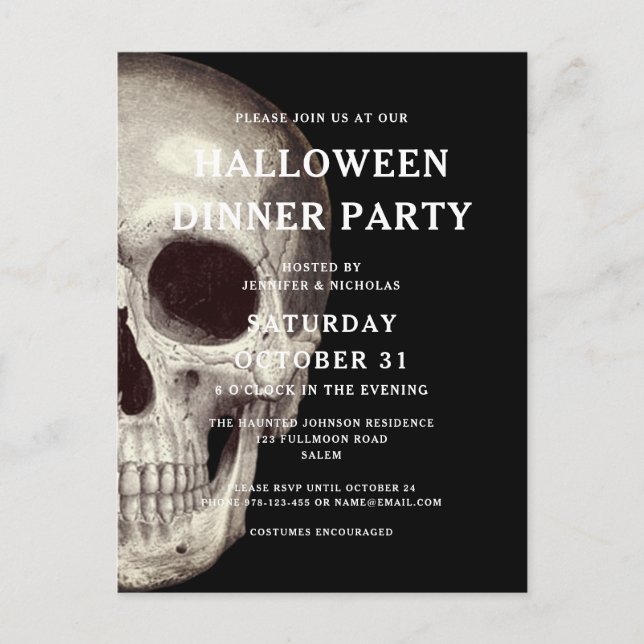 Scary Skull Halloween Dinner Party Invitation Postcard (Front)