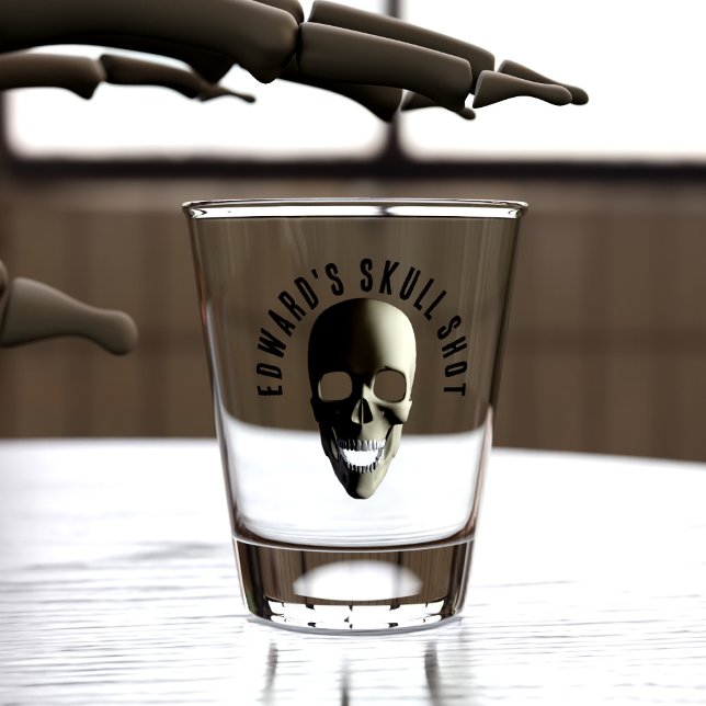 Scary Skull Halloween Personalized Shot Glass (Skull shot glass for your Halloween party. Just add your name)