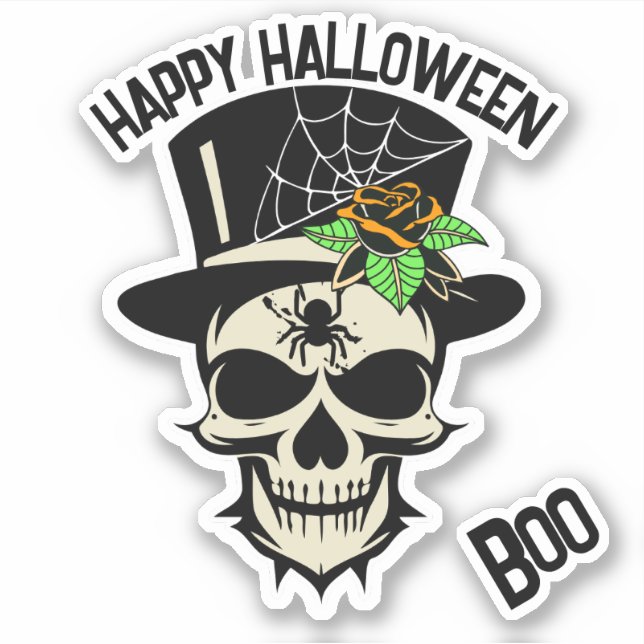 Scary Skull in Top hat with Spider and Rose Sticker (Front)