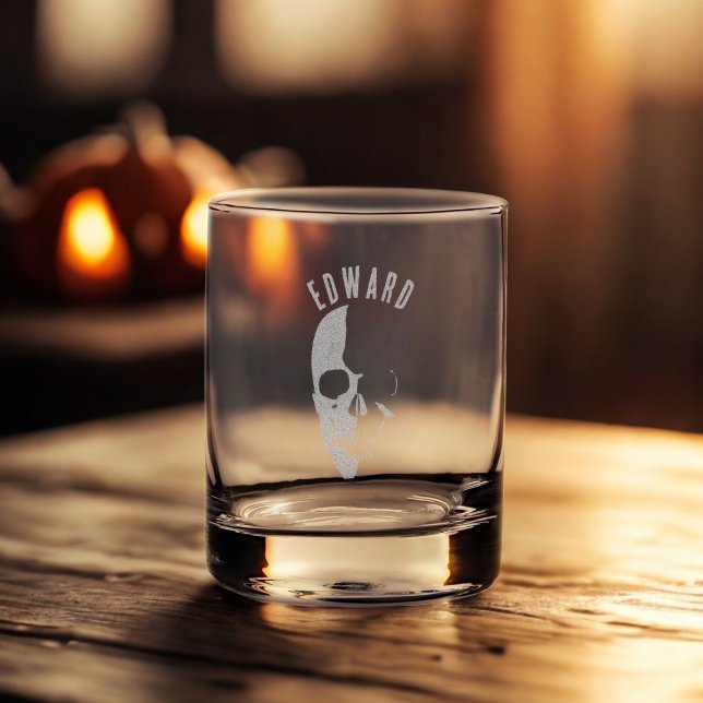 Scary Skull Personalized Etched Whiskey Glass (Add your Name)