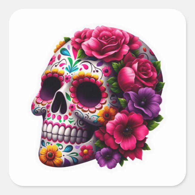 SCARY SKULL WITH LIVE FLOWERS SQUARE STICKER (Front)