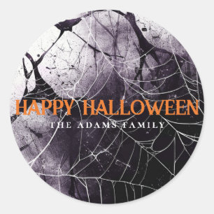 Scary Spider Web Happy Halloween Custom Name Classic Round Sticker