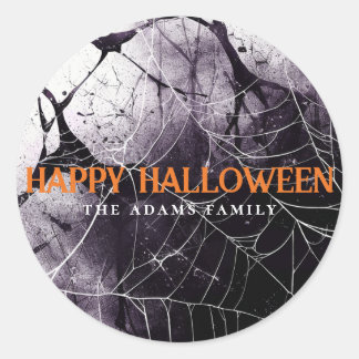 Scary Spider Web Happy Halloween Custom Name Classic Round Sticker