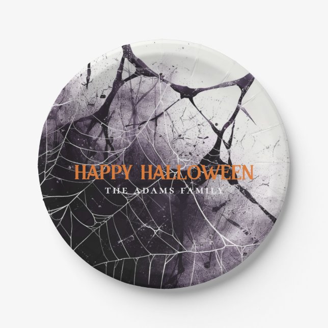 Scary Spider Web Happy Halloween Custom Name Paper Plates (Front)