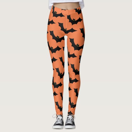 Scary Spooky Halloween Bat Pattern Black Orange Leggings