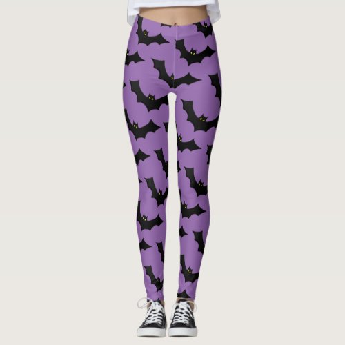Scary Spooky Halloween Bat Pattern Black Purple Leggings