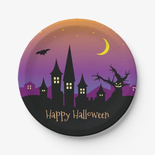 Scary Spooky Haunted House Orange Halloween Party Paper Plates